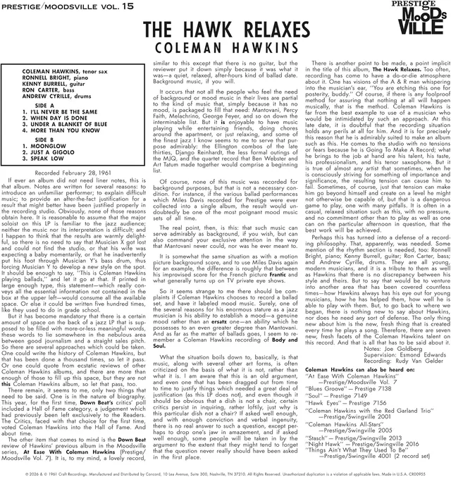 Coleman Hawkins The Hawk Relaxes - LTD (LP) 