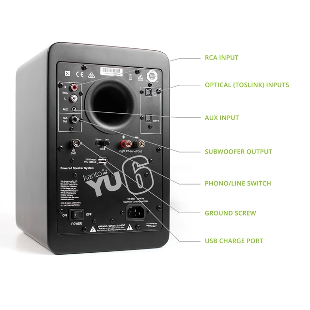 Kanto YU6 Aktive Høyttalere, matt svart RIAA-trinn, Bluetooth, Optiske innganger 