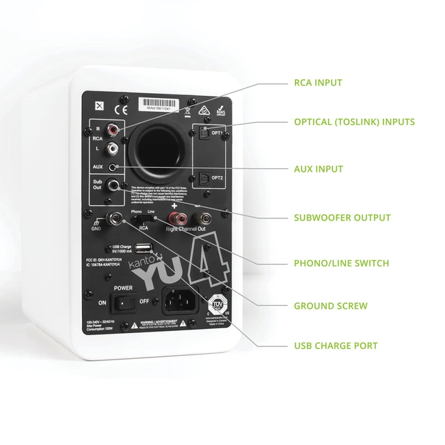 Kanto YU4 Aktive Høyttalere, matt hvit RIAA-trinn, Bluetooth, Optiske innganger 
