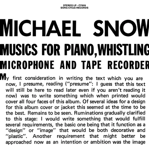 Michael Snow Musics For Piano, Whistling... (LP) 