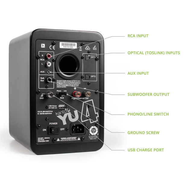 Kanto YU4 Aktive Høyttalere, matt svart RIAA-trinn, Bluetooth, Optiske innganger 