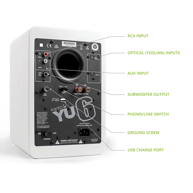 Kanto YU6 Aktive Høyttalere, matt hvit RIAA-trinn, Bluetooth, Optiske innganger 