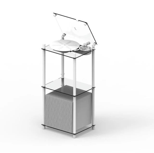 Transparent Turntable Table Stand, hvit Gulvstativ platespiller inkl. vinylhylle 