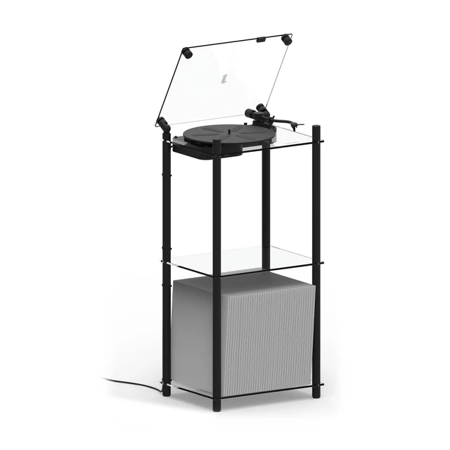 Transparent Turntable Table Stand, svart Gulvstativ platespiller inkl. vinylhylle 