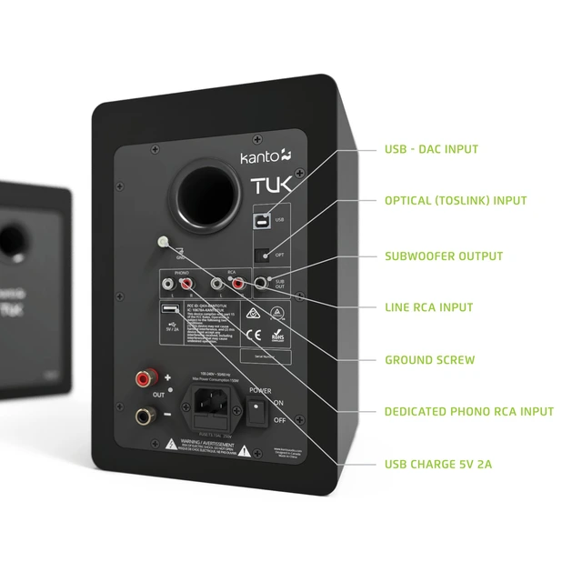 Kanto TUK Aktive høyttalere, matt svart RIAA-trinn, Bluetooth 