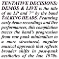 Talking Heads Tentative Decisions: Demos… (LP+7")