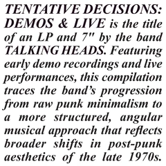 Talking Heads Tentative Decisions: Demos… (LP+7")